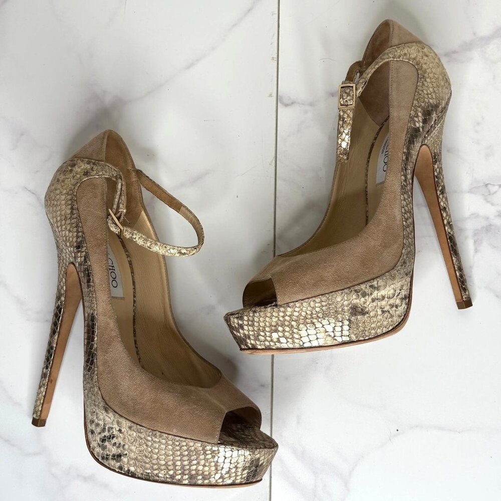 Jimmy Choo Tami Beige Suede & Python Platform Peep Toe Heels Pumps 40 US 9.5